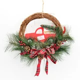 Rattan wreath with Christmas green, plaid bow and a red truck