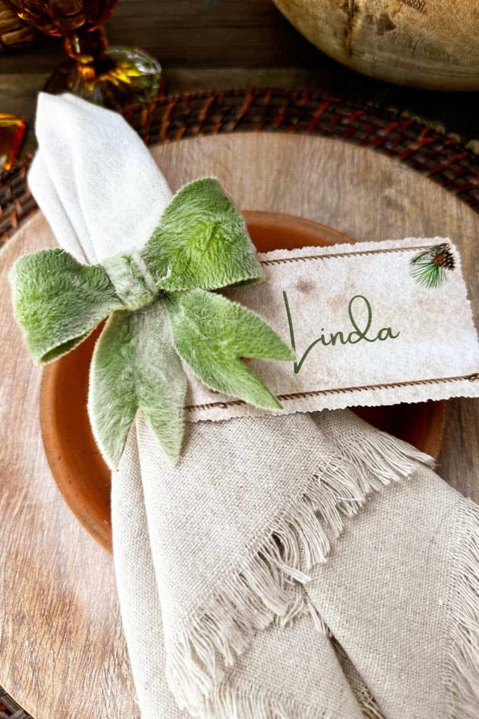 Closeup of a napkin held in a napkin ring with a bow made of fresh Lamb's Ear 