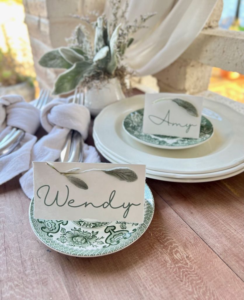 Two placecards with the names "Wendy" and "Amy" have a sprig of fresh lambs ear above the names.