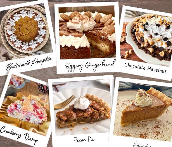 Photographs of six different pies are spread out on a wood table
