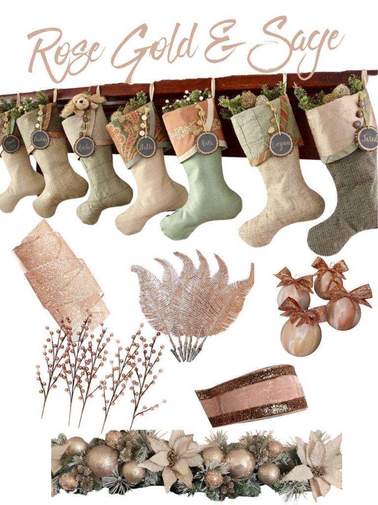 collage of rose gold and sage colored Christmas stockings with othher decor to match