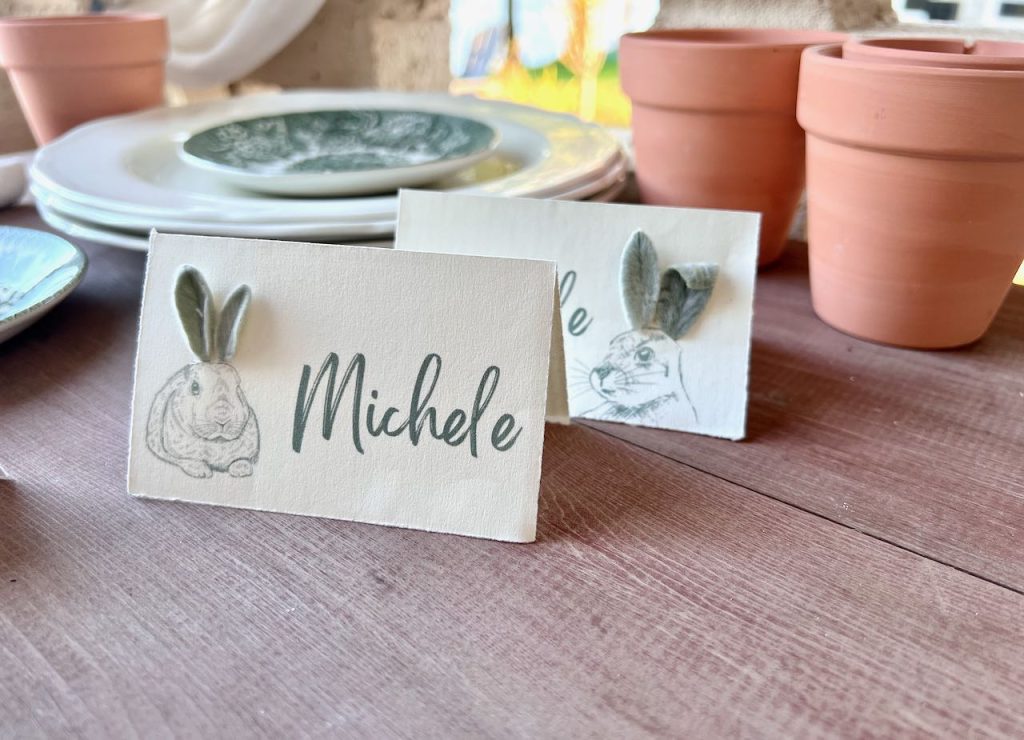 Two place cards with sketches of bunny rabbits beside the names and the bunny's ear are tiny fresh lambs ear leaves