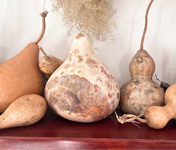gourds on a mantel