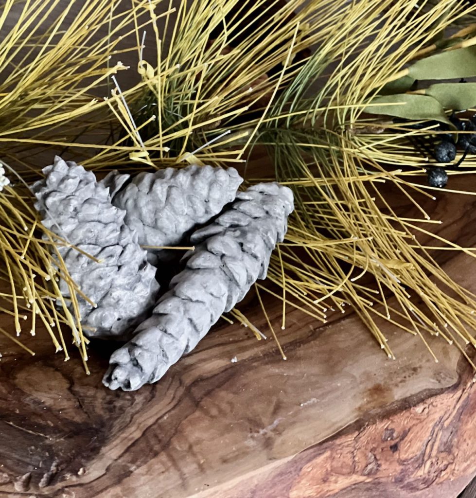 Closeup of three "concrete" pinecone nestled in ssome pine needles on a wood breadboard