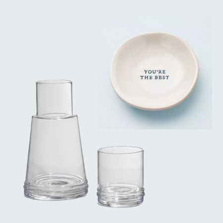 collage of a water carafe and glass plus a small ceramic trinket dish that says "You are the Best" inside