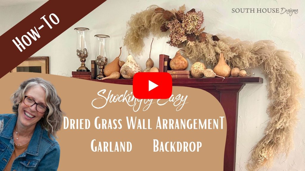 cover of a youtube video with image of wall-mounted dry arrangement beside a title of: Surprisingly easy Dryed Grass Wall Arrangement, Garland, Backdrop