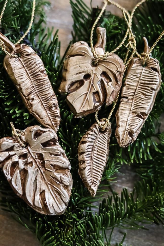 leaf shaped Christmas ornaments made from clay