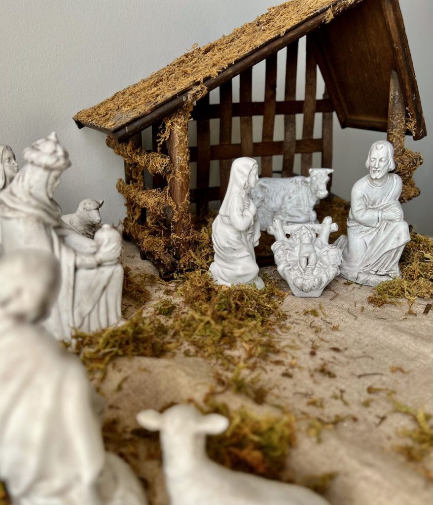Finished holy family statues iin front of the stable