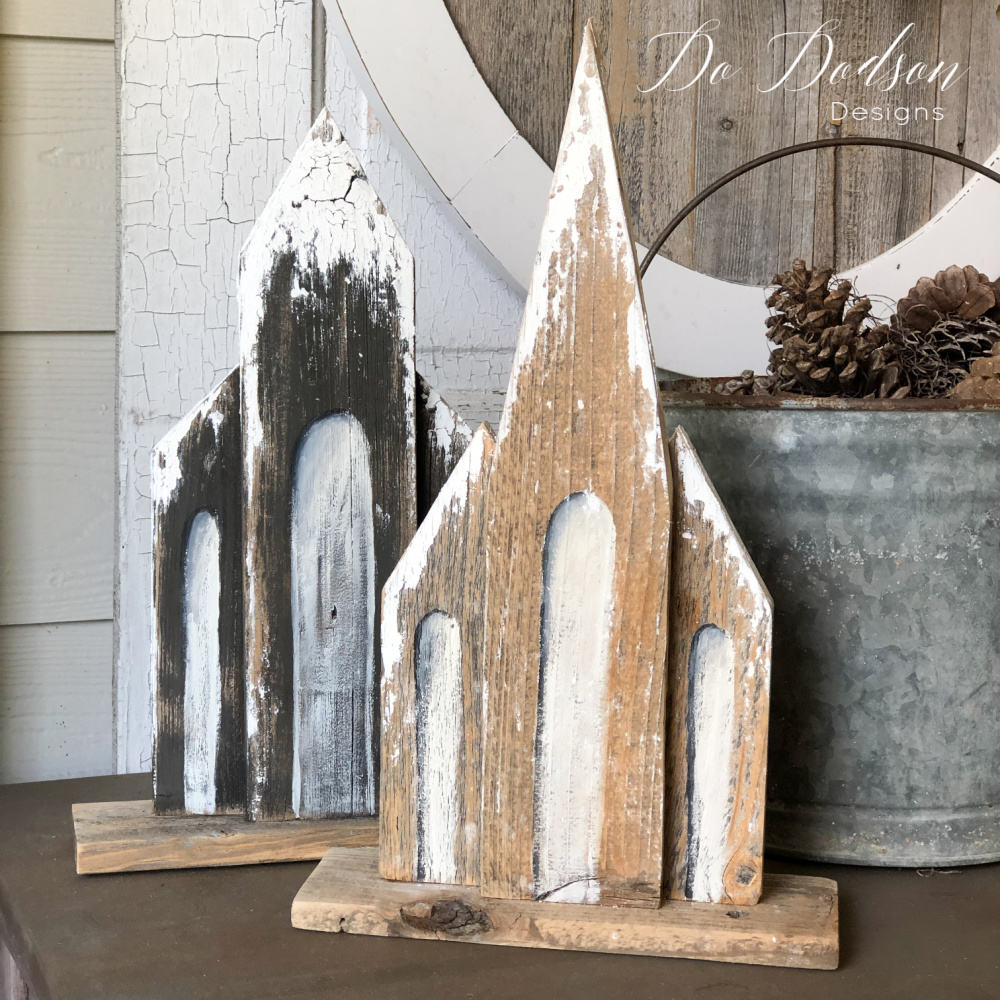 two rustic wooden churches made from reclaimed wood