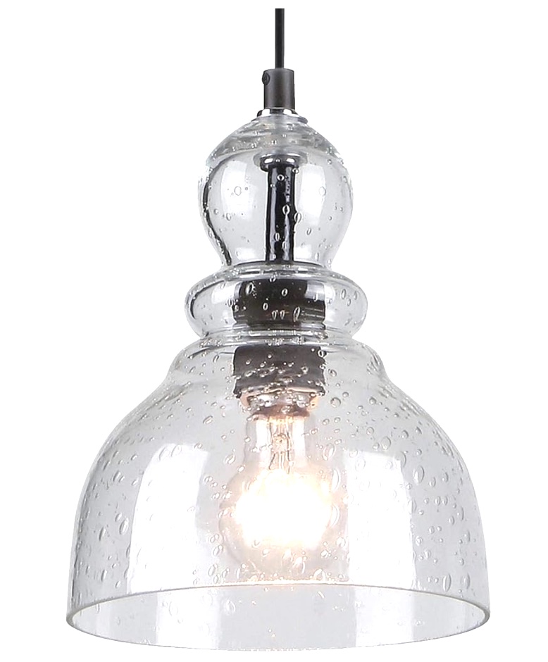 Closeup of clear glass pendant with an interesting shaped shade