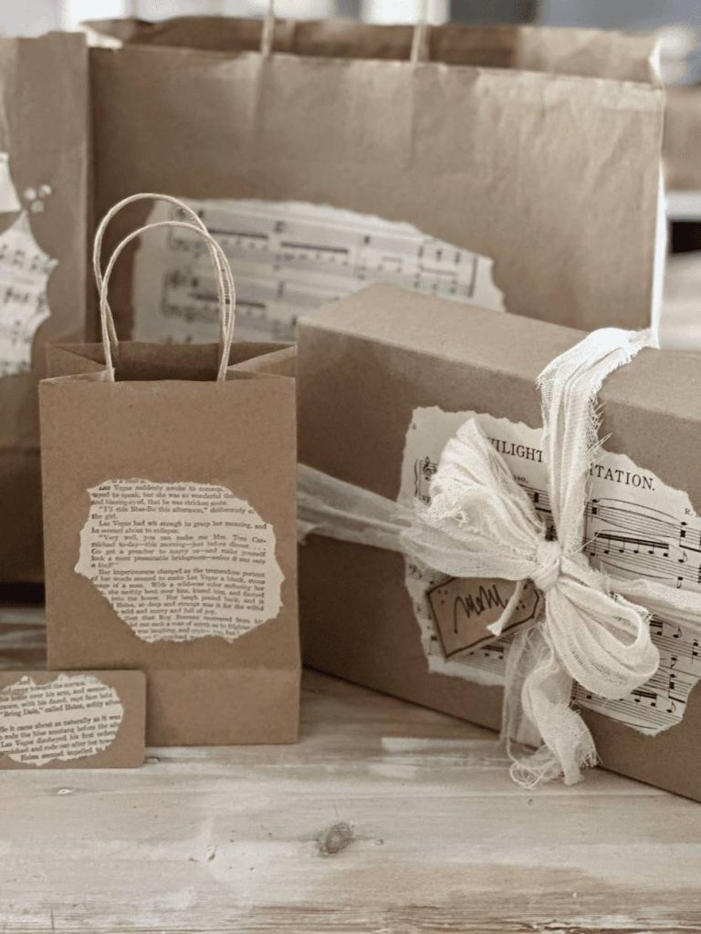Brown paper packages embellished with sheet music make lovely gifts