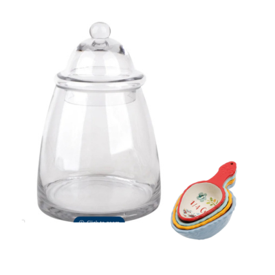 clear glass canister with a set of ceramic scoops