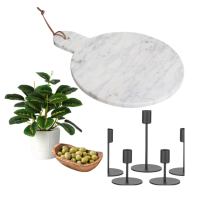 collage of round marble board with a plant a wood bowl and candle holderss