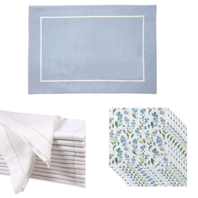 collage of blue chambray placemats and two matching napkins