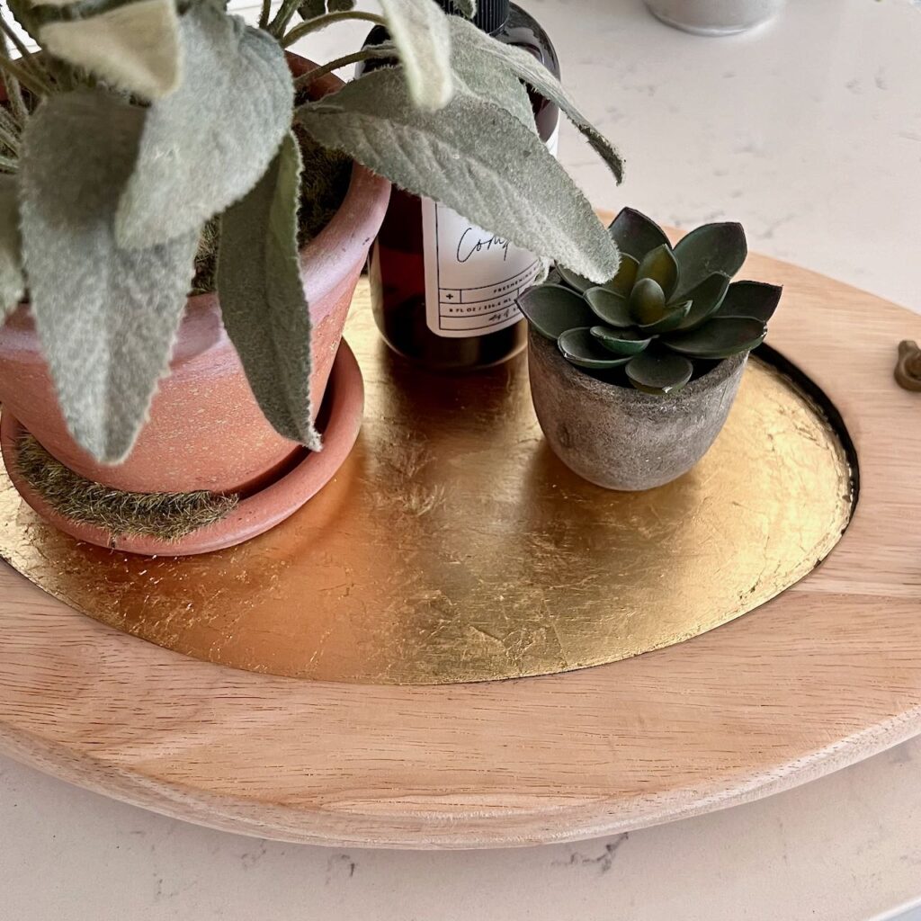 overhead view of the gold leaf surface of the wood tray wit two plants sitting on top