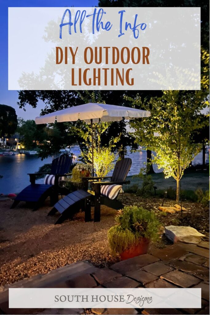 view of a patio with lighted trees under a title of All the Info: DIY Outdoor Lighting