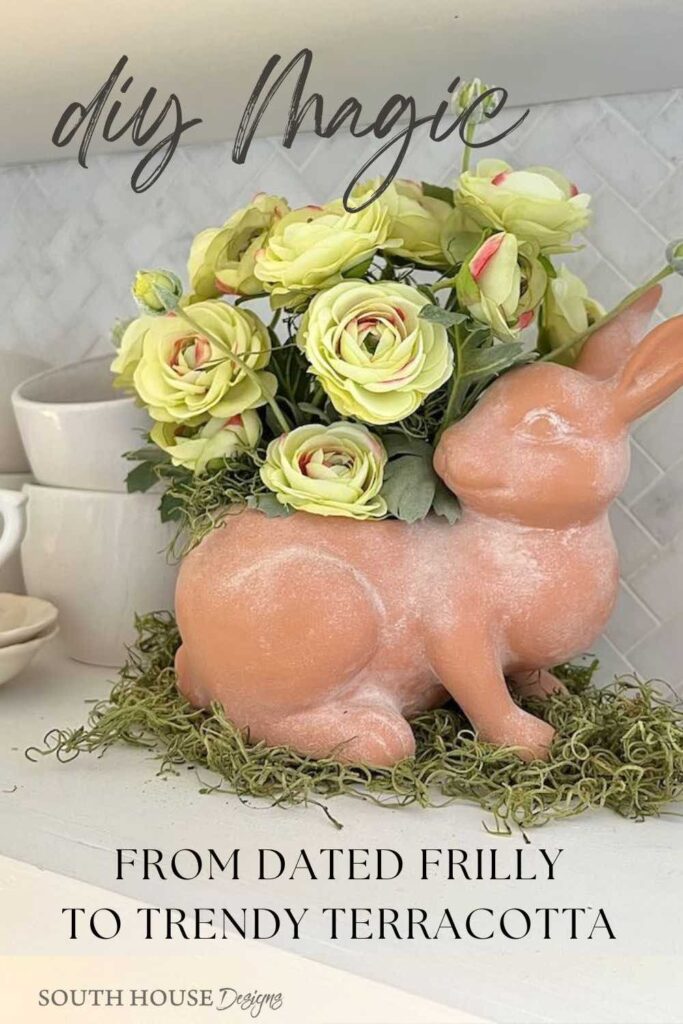 Pinterest Pin with finished bunny closeup under a heading of "DIY MAGIC" and a subtitle: Dated Frilly to Trendy Terracotta