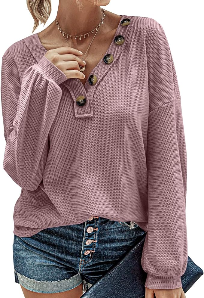 pink waffle knit "Henley" with v-neck and XL buttons