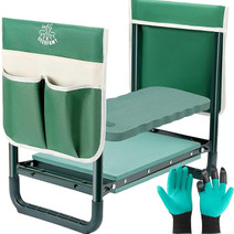 a folding garden kneeler or seat with bags on the side to carry supplies