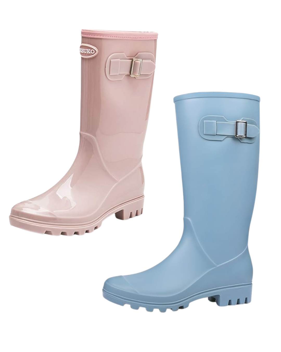 one pink and one blue tall rain boots