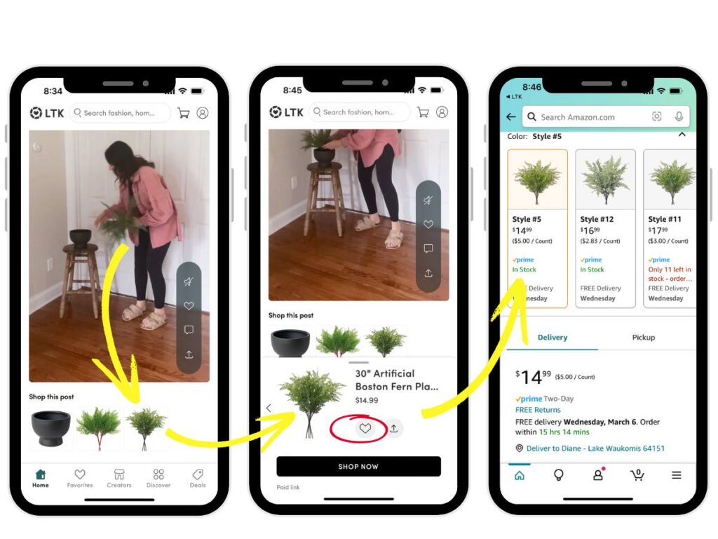 Three mobile mockups of  LTK Shopping showing a faux fern from video to order page on Amazon
