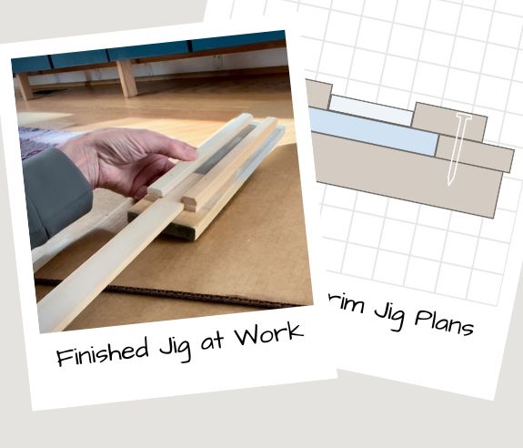 collage of the plans for a wood trim jig and the finished working jig