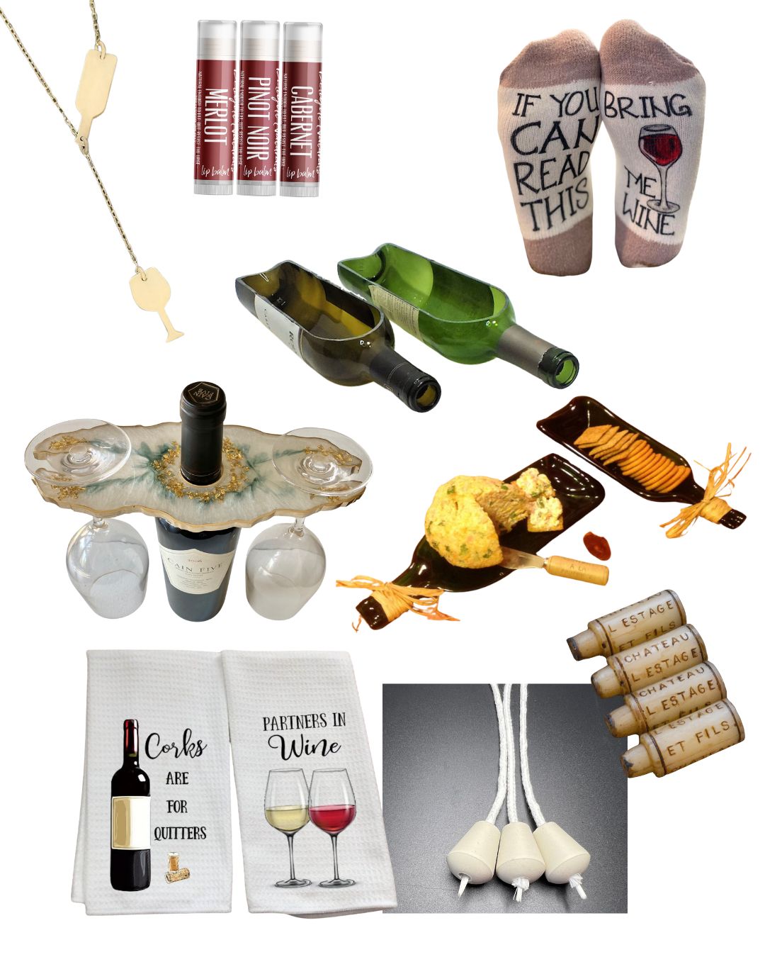 collage of wine oriented gifts or prizes including necklace, socks, kitchen towels, candles, wine bottle planter and more