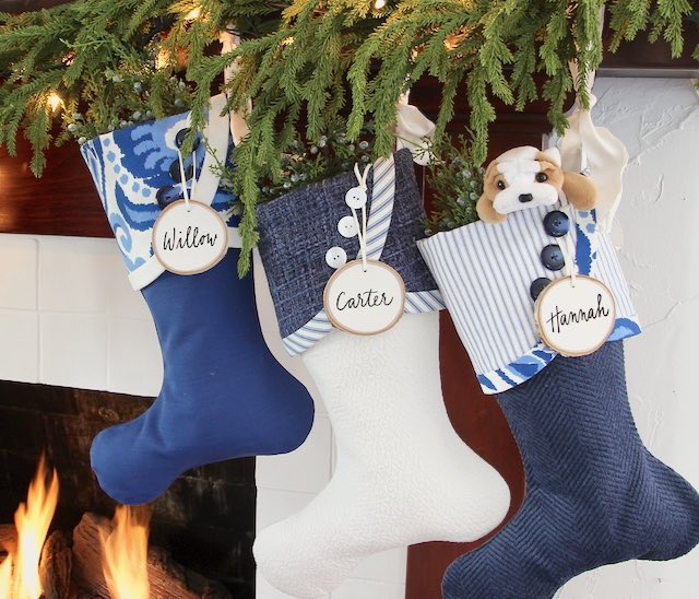 Family Christmas Stockings in Blue and White for Christmas and Chrismukkah Celebrations