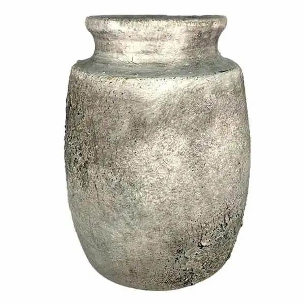 A rustic, textured gray vase with a wide, rounded top and cylindrical body makes the perfect centerpiece for DIY Mardi Gras decorations. The weathered surface adds an aged, antique look that's both charming and festive.