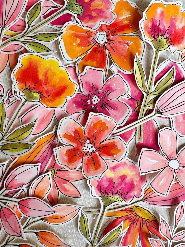 A collection of colorful, hand-drawn and watercolor-painted flowers in shades of pink, red, and orange, with green leaves, all cut out and layered on a light textured background.