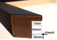 The cross-sectional diagram of a DIY picture frame reveals layers for a floating mount art setup: a wood outer frame, glass, spacer, artwork delicately suspended to create the floating effect, and secure backing. Each layer is meticulously labeled to showcase their arrangement within the frame.