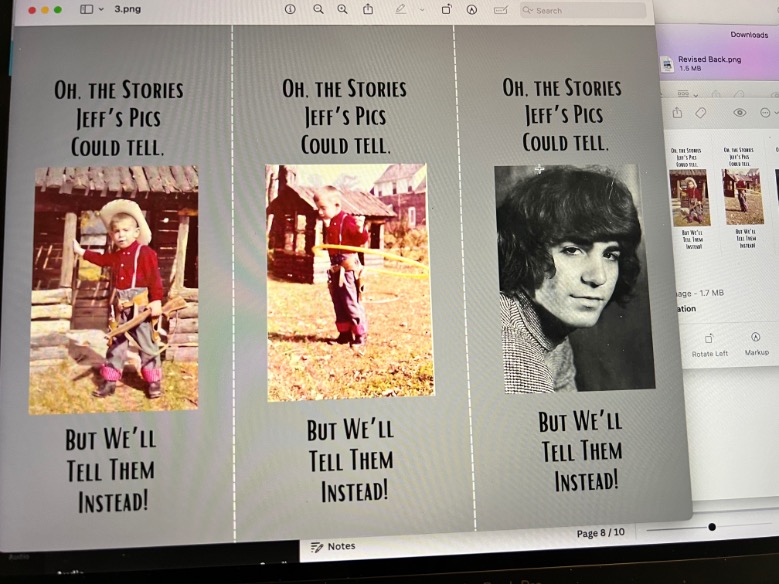 A computer screen displays a design with three panels, each showing a different photo of a child or young person, accompanied by the text: “Oh, the stories Jeff’s pics could tell. But we’ll tell them instead!”.