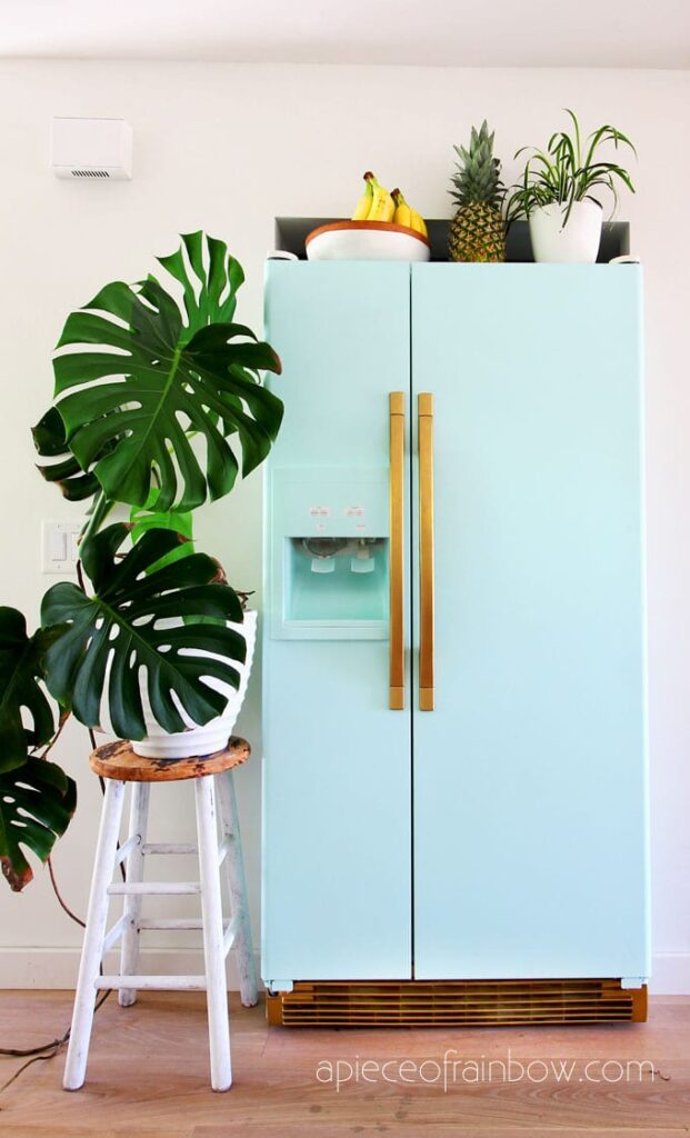 A pastel blue refrigerator with gold handles is decorated with potted plants and fruit on top. A monstera plant in a white pot sits on a stool next to the fridge against a white wall.