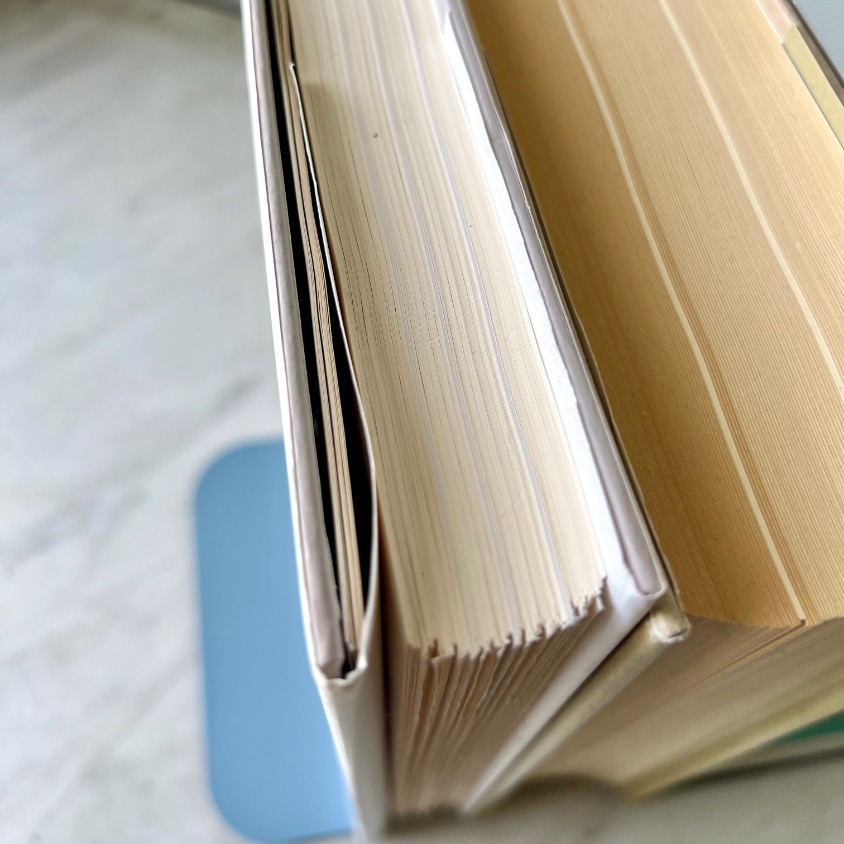 Close-up view of the top edges of two books standing side by side on floating bookshelves. One book has white pages and a dust jacket, while the other has yellowed pages and no visible cover. Both are seen from above.