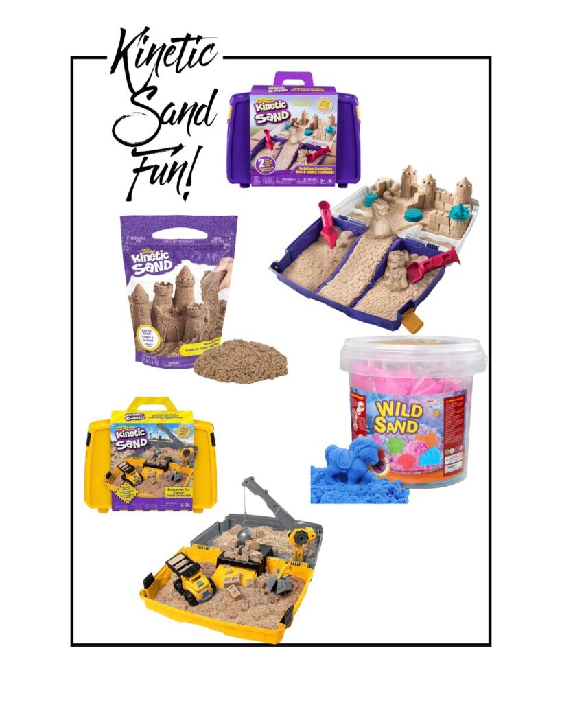 A collage of kinetic sand toys and sets, including sandcastle molds, tools, a construction set with toy vehicles, a bag of natural-colored sand, and a tub of bright pink and blue sand, with "Kinetic Sand Fun!" written on top.