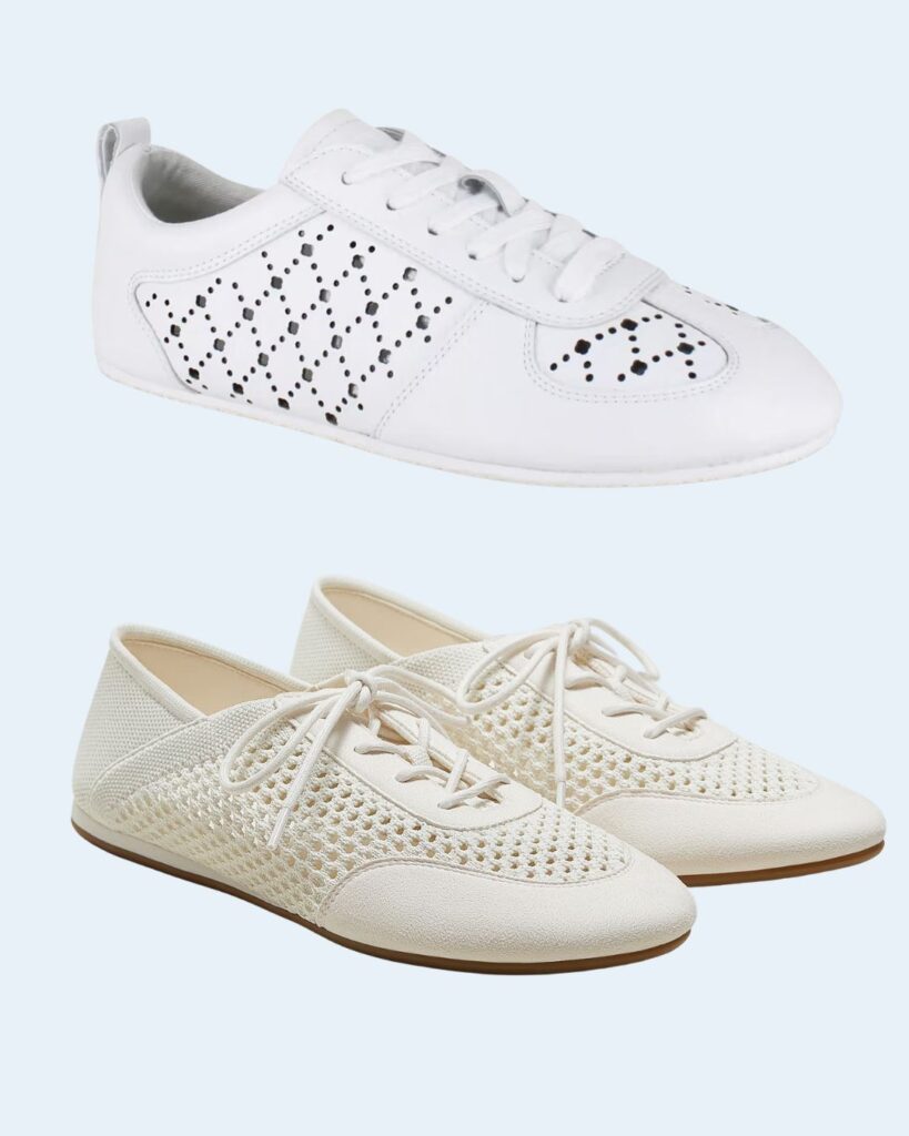 Two pairs of lace-up shoes: the top pair is white with perforated details and a sporty design; the bottom pair is off-white with mesh panels and a casual, flat sole.