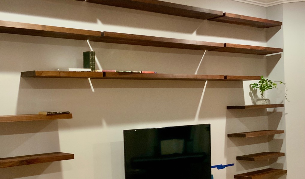 A wall with several long, floating bookshelves, sparsely decorated with a few books, a green plant in a glass pot, and a TV positioned below the shelves.