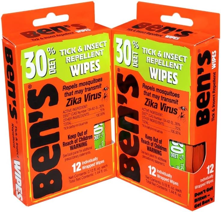 Two orange boxes of Ben's Tick & Insect Repellent Wipes with 30% DEET, each containing 12 individually wrapped wipes. The packaging notes protection against mosquitoes that may transmit Zika Virus.