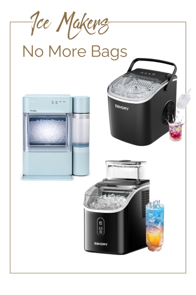 Three ice makers are shown: a light blue countertop model on the left, and two black portable models on the right, each with clear trays of ice and colorful drinks beside them. The text reads "Ice Makers - No More Bags.