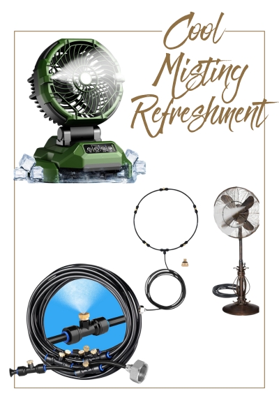 Collage of misting fans and accessories: a green portable misting fan on ice, a garden hose misting kit, a circular misting ring, and a vintage-style standing fan, with the text “Cool Misting Refreshment.”.