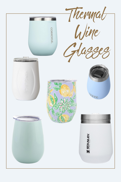 A collage of six thermal wine glasses in various colors and patterns, including pastel blue, white, mint green, and a lemon floral design. "Thermal Wine Glasses" is written in cursive at the top right.
