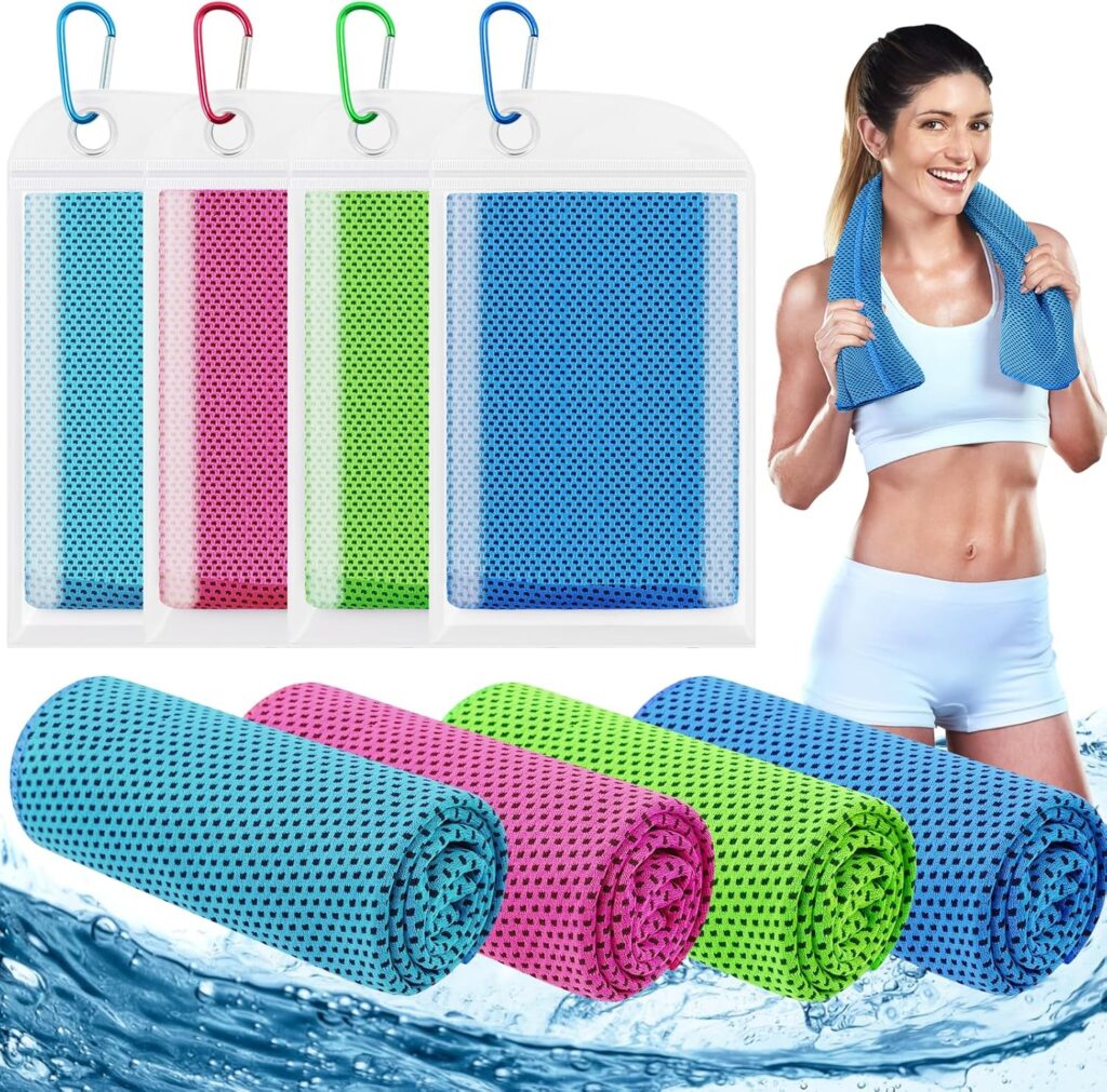 Four rolled cooling towels in pink, blue, and green with mesh texture and carrying pouches with clips, alongside a woman using a blue towel around her neck, standing in sporty attire with a water splash effect below.