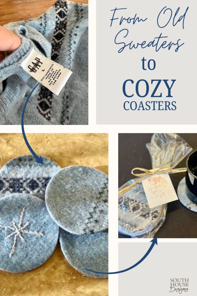 A collage shows how to upcycle old sweater material into circular blue felt coasters, plus a set of these coasters wrapped as a gift, with text: “From Old Sweaters to Cozy Coasters.”.