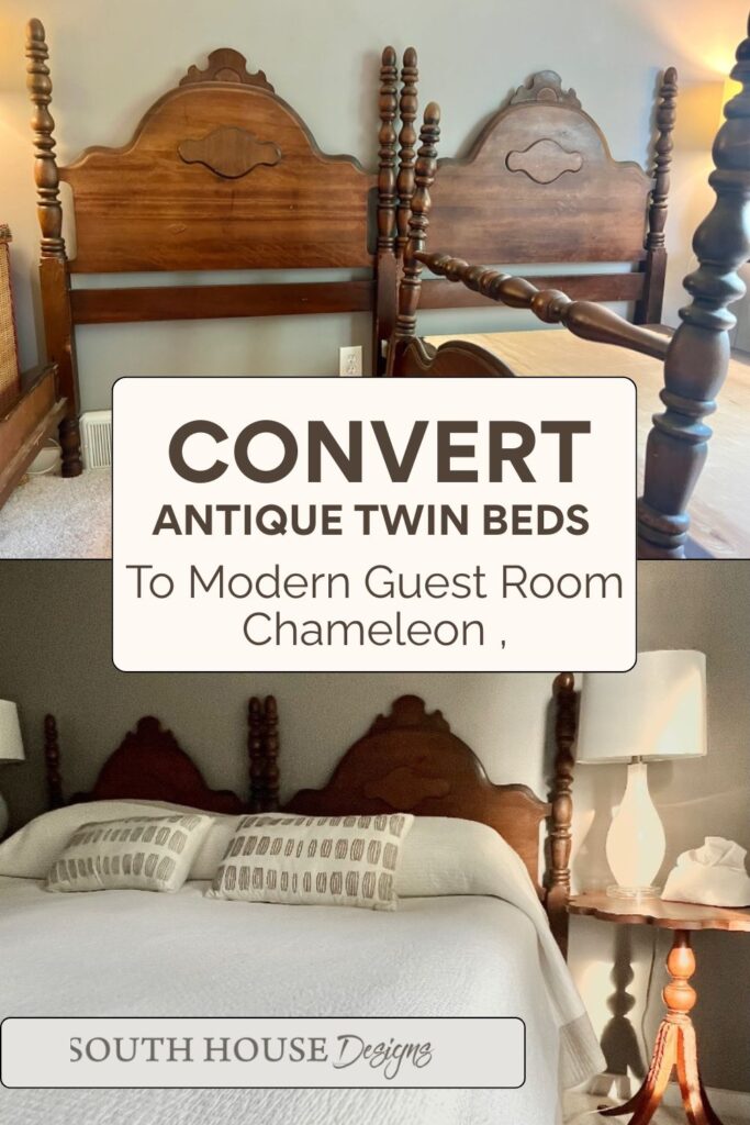 Split image shows two antique twin beds before and after conversion: top half features original wooden beds, while the bottom half reveals them joined as one X-Long bed with white bedding and a bedside lamp. Text overlay highlights the twin beds to X-Long transformation.