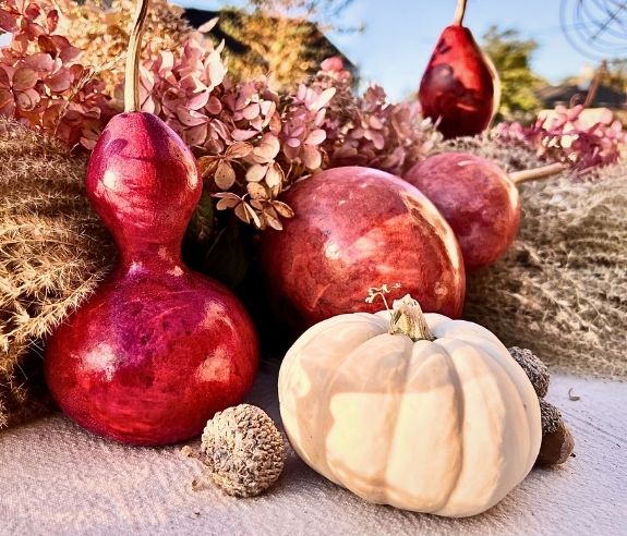A small white pumpkin, acorns, and glossy red gourds are arranged with dried pink hydrangea flowers and textured foliage in a bright outdoor autumn setting.