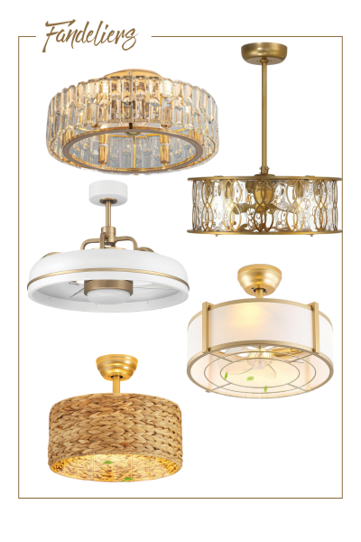 Five stylish fandelier ceiling fans in gold, white, and natural wicker finishes, each with unique designs, displayed against a white background with the word “Fandeliers” at the top left.