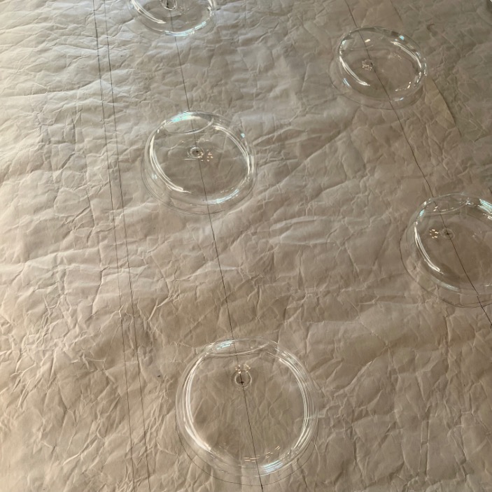 Five clear plastic lids are placed on a textured, crumpled light-colored surface, reminiscent of a backdrop for a Hang Gallery Wall. Thin parallel lines run vertically and horizontally, partially intersecting the lids.