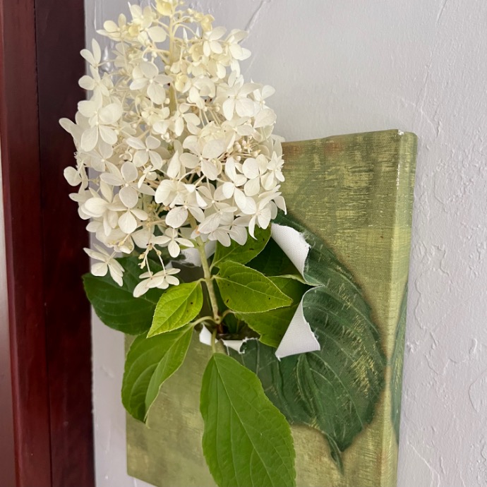 A cluster of delicate white hydrangea flowers with green leaves is attached to a small, green, textured canvas on a white wall. There is a piece of white ribbon among the leaves.