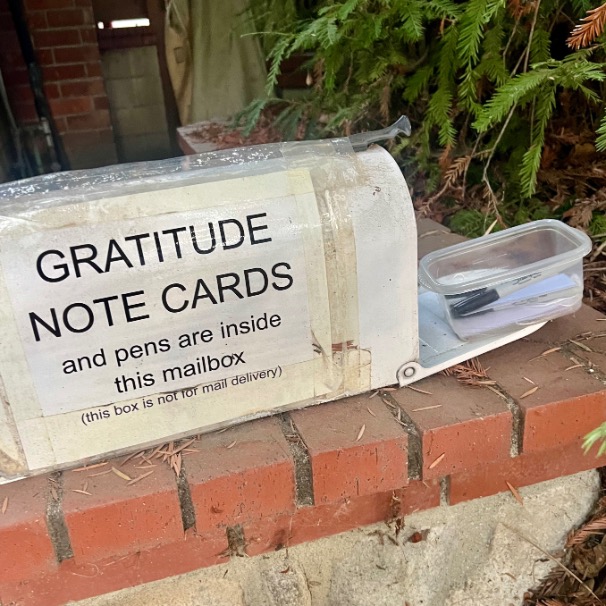 A weathered white mailbox sits on a brick wall, labeled "GRATITUDE NOTE CARDS and pens are inside this mailbox." A small clear container with pens rests on the mailbox. Green foliage is visible in the background.