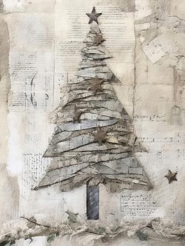A Christmas tree made from layered strips of rustic paper, decorated with small stars, stands against a textured, vintage-style background of faded sheet music and old documents.
